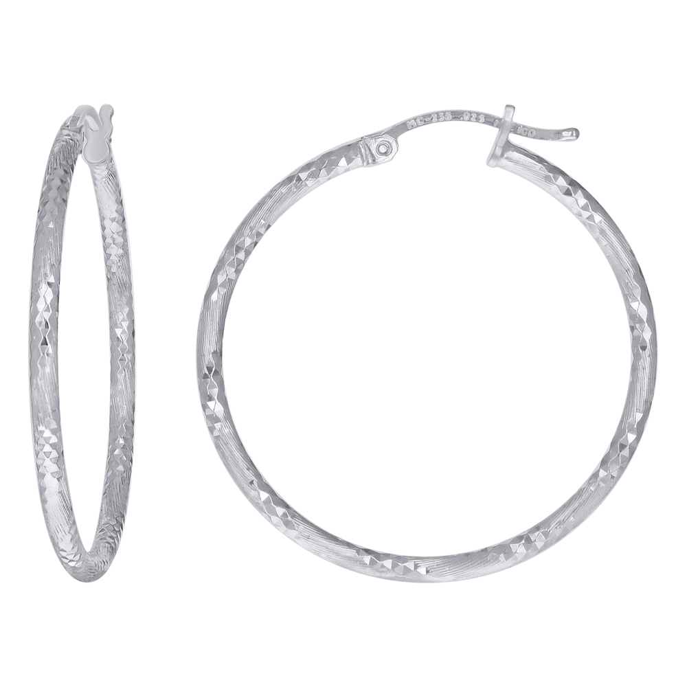925 Sterling Silver Womens Diamond-cut 2mm x 35mm Hoop Earrings